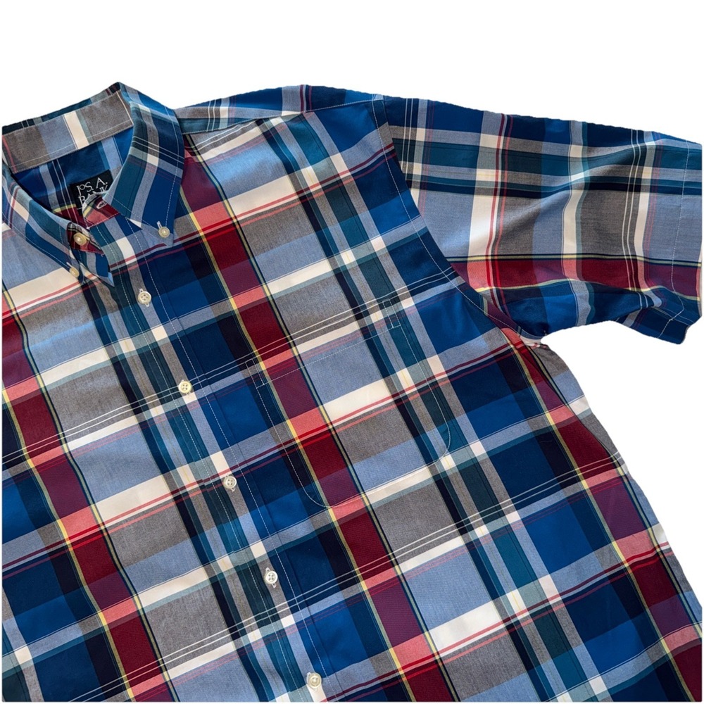 Jos. A. Bank Button Down Shirt Mens XXL Blue Red Plaid Traveler Peppy Resort XL